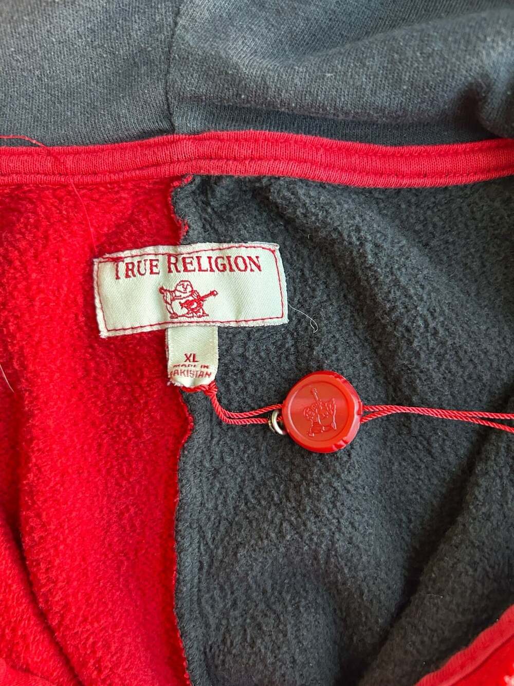 True Religion Zip Up Hoodie Size XL Red Black Split Logo - Picture 3 of 5